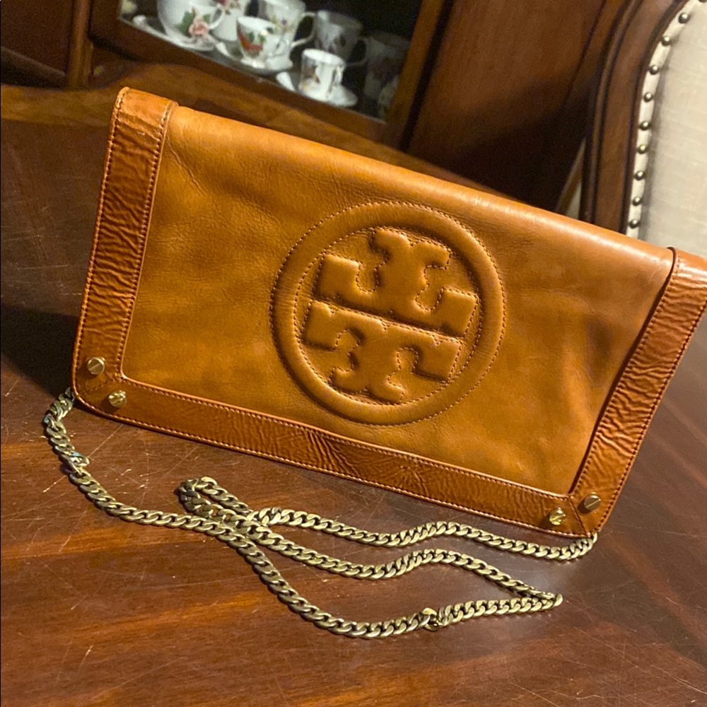 Tory Burch Cognac Leather Logo Chain Crossbody